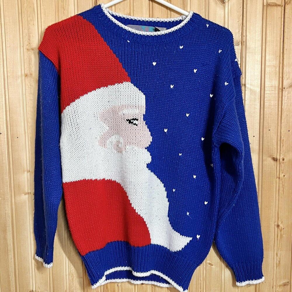 Ugly Christmas Sweater Santa Claus VTG Pinwheels Loose Knit Acrylic Korea Sz S